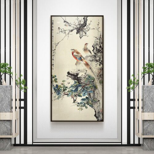 入户玄关装饰画走廊竖版花鸟缤纷壁画新中式山水画办公室客厅挂画