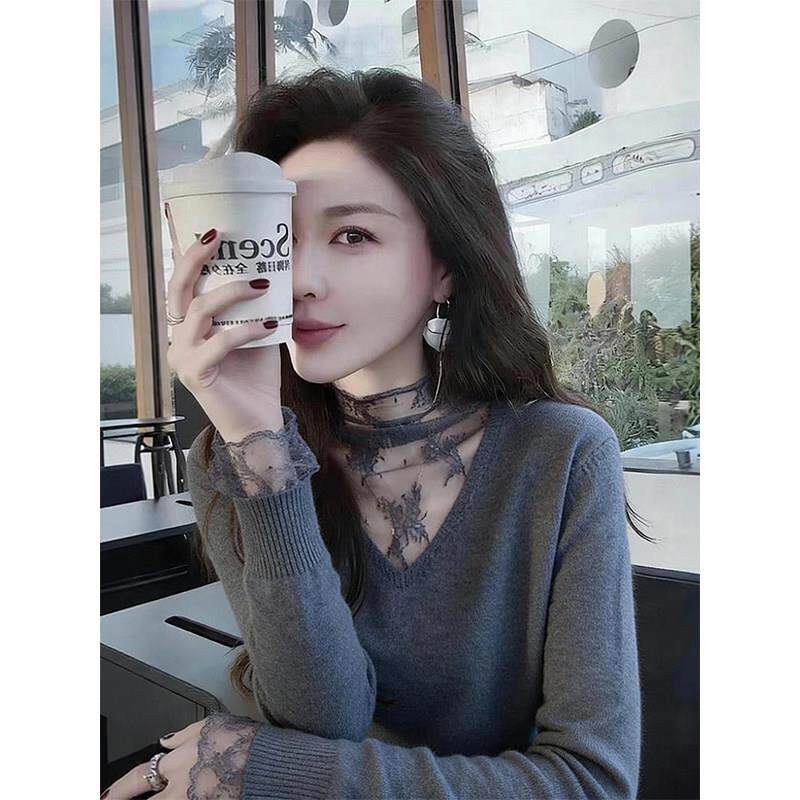 灰色蕾丝假两件V领针织衫女春秋欧货高级感拼接百搭款打底衫上衣