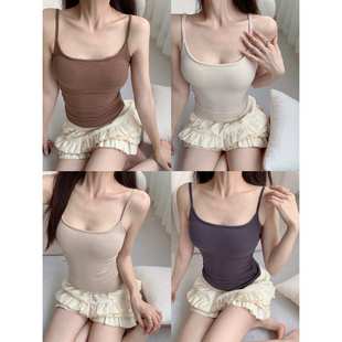 纯欲带胸垫小吊带磨毛背心女秋季修身紧身长款内搭棕色打底衫上衣