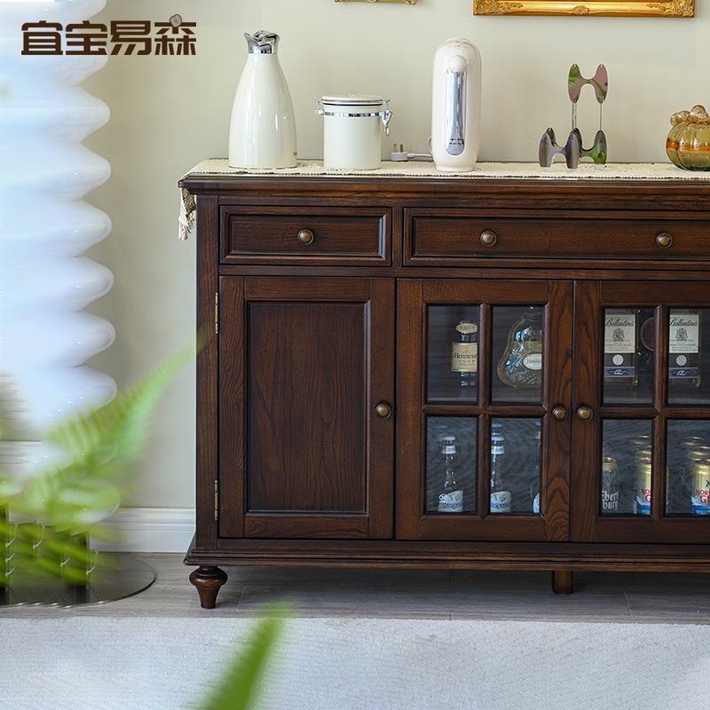J^美式实木餐边柜美式复古茶水柜一体靠墙酒柜黑胡桃色卫生间