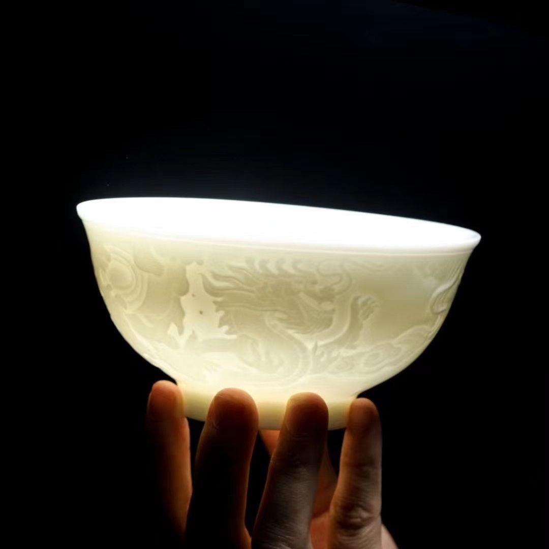 德化羊脂玉式瓷陶瓷耐高温不Z1204烫手精致中浮白雕用米饭汤碗餐