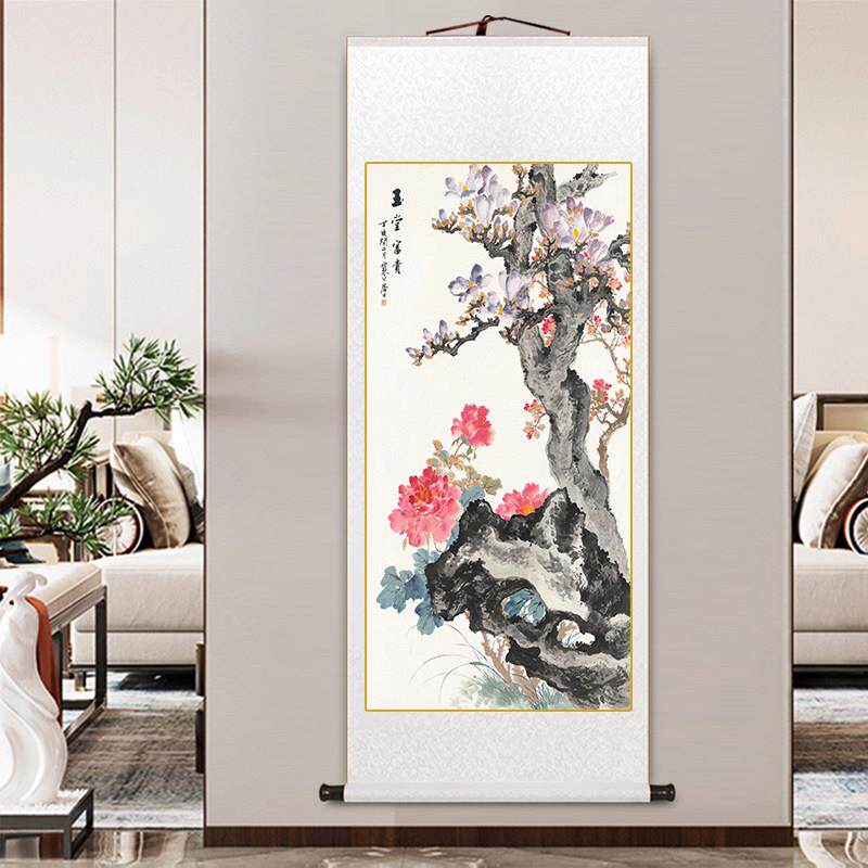 玄关画 画古典牡丹富国画 卷画玉堂贵中式客厅装饰画 画办公图室