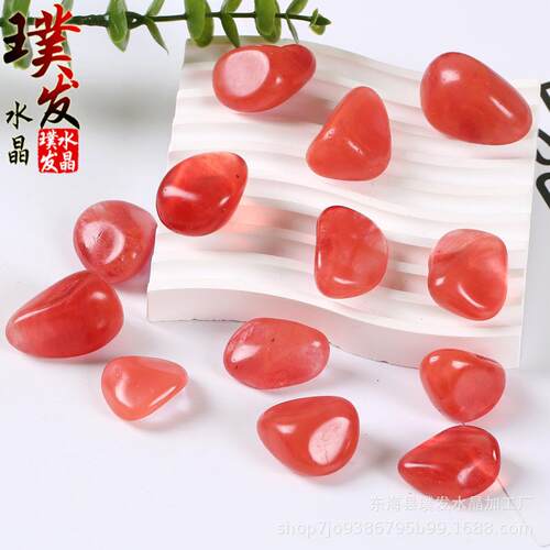 熔炼石滚石 西瓜红水晶打磨石随形 鱼缸石景观装饰