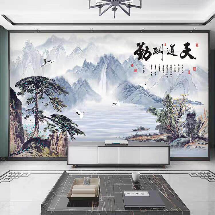 定制水墨山水集成墙板新中式电视背景护墙板客厅沙发竹木纤维墙板