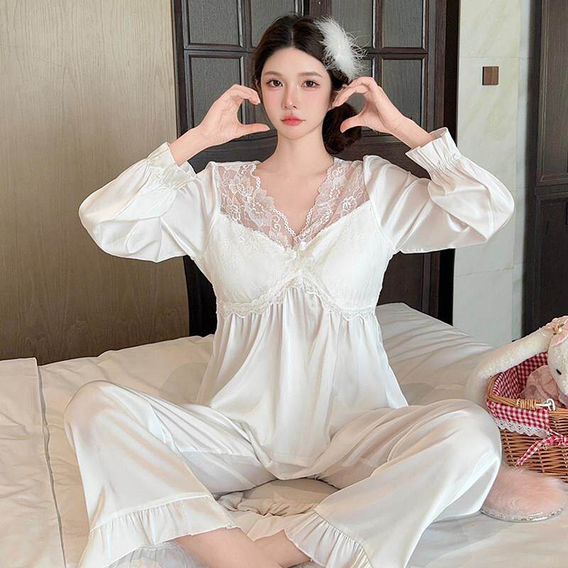 带胸垫春秋长袖冰雪丝女士睡衣女法式蕾丝可外穿宫廷风家居服套装