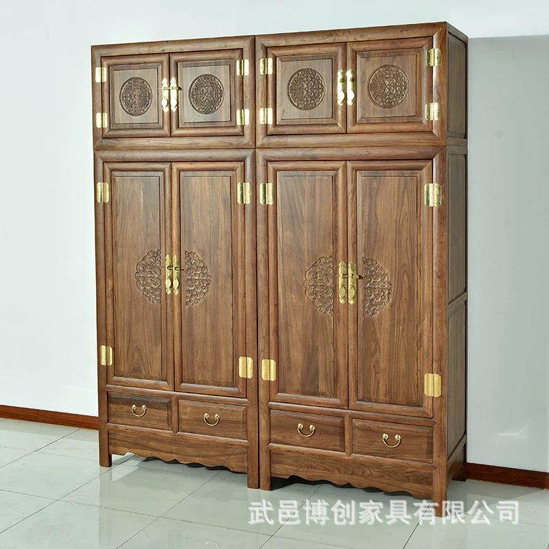新中式老榆木衣柜 家用卧室中式祥云顶箱柜家具 实木衣橱大衣柜