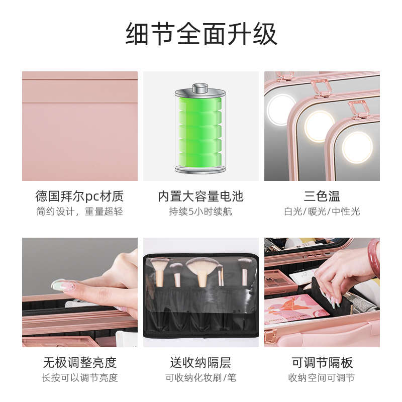 带灯化妆包跟妆师化妆师化妆箱带镜子便携LED灯收纳大容量手提