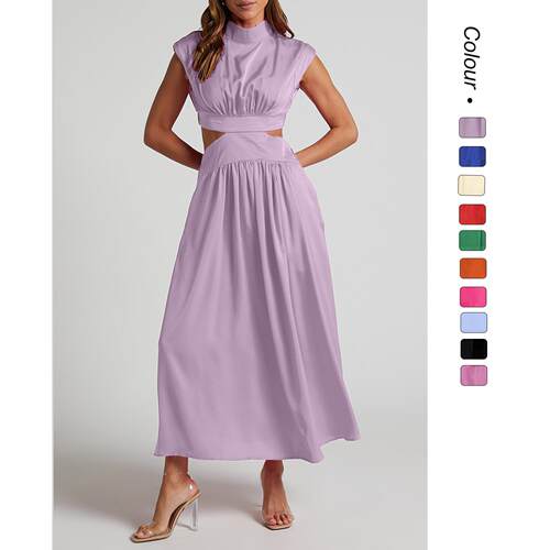 Stand up macaron color waist revealing long dress