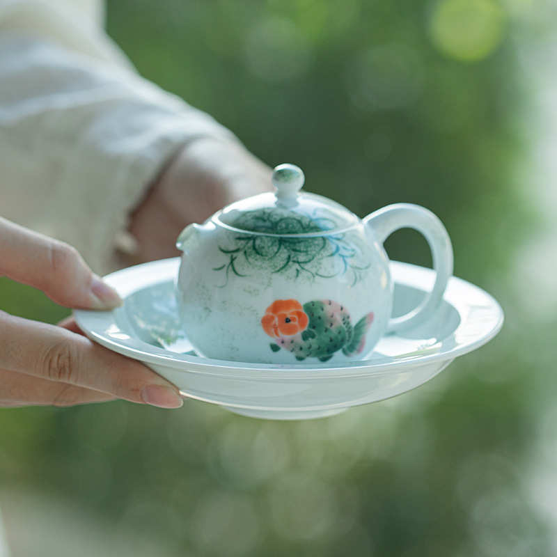 釉下彩手绘草绿兰寿金鱼壶承 盖碗茶壶底托茶点盘功夫茶具陶瓷盘