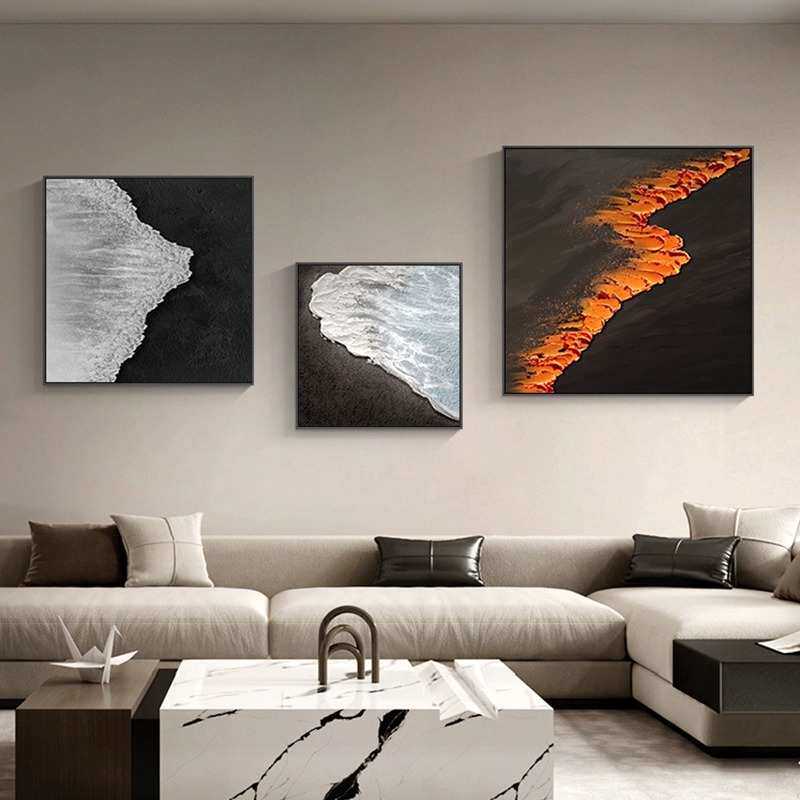 简约手绘村客厅壁画洛大海滩芬餐厅立体挂画纯晓油画抽象黑色挂画