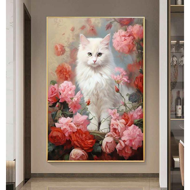 动物DIY方钻满钻钻石画钻石绣粉色花卉白色猫咪三贴钻印花十字绣