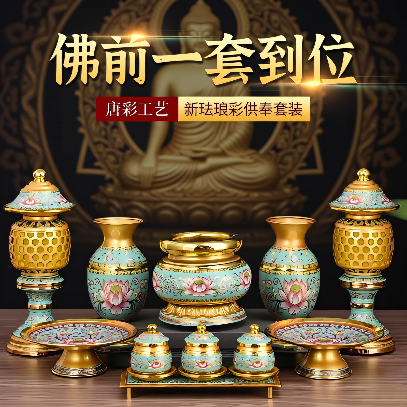 供佛用品佛具大全套装家用供奉佛前供具水杯花瓶供盘香炉佛堂摆件