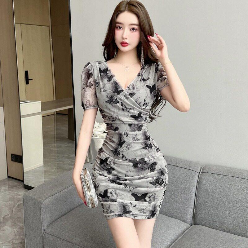桑拿足浴技师工作服女新款夜场上班衣服足疗女技师印花洋装夏季