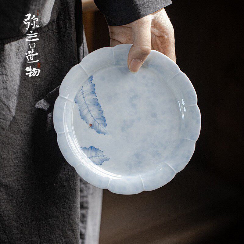 弥言中式青花手绘芭蕉叶壶承手工花瓣形干泡盘家用小茶台茶道配件