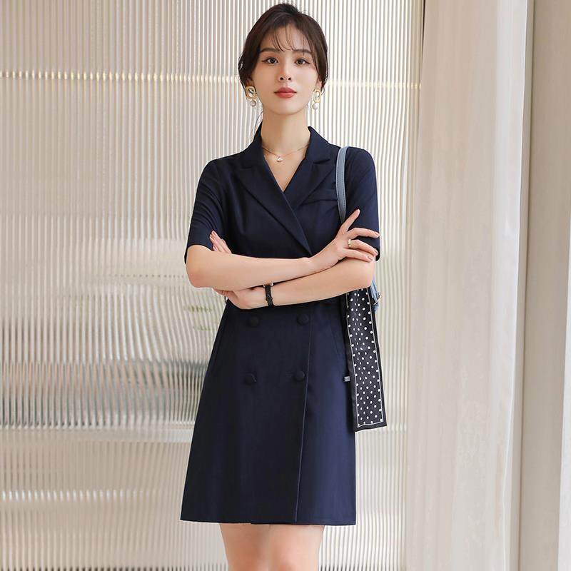 高档224季新款双排扣短袖西0装黄色气连夏衣裙时尚质售楼部前台工