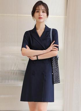 正品0224夏季新款双排扣短袖西装黄色连衣时质尚气售楼部前台工作