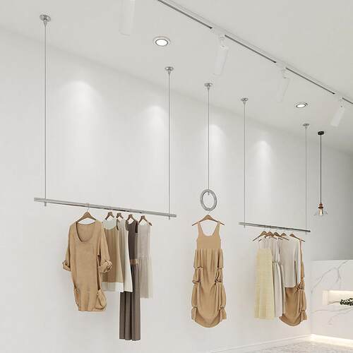 服装店展示架不锈钢吊架升降挂衣杆女装店银色橱窗钢丝调节展示架