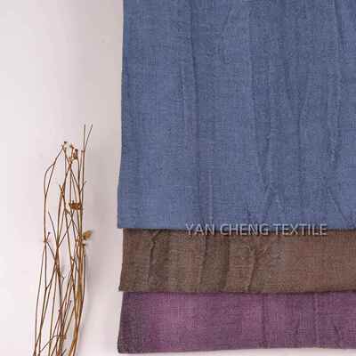春夏纯VHB亚炒麻炒色面料亚麻复拉条色色洗皱布亚麻压皱炒古面料