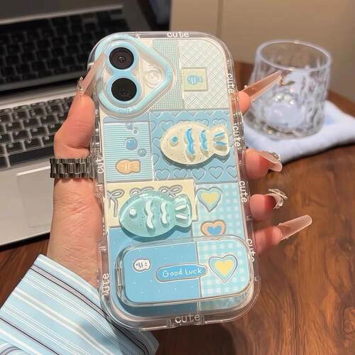 适用iphone17pmx手机壳苹果17promax手机壳蓝格小鱼镜子支架苹果16promax手机壳iphone15/14/13/12/11mate70p