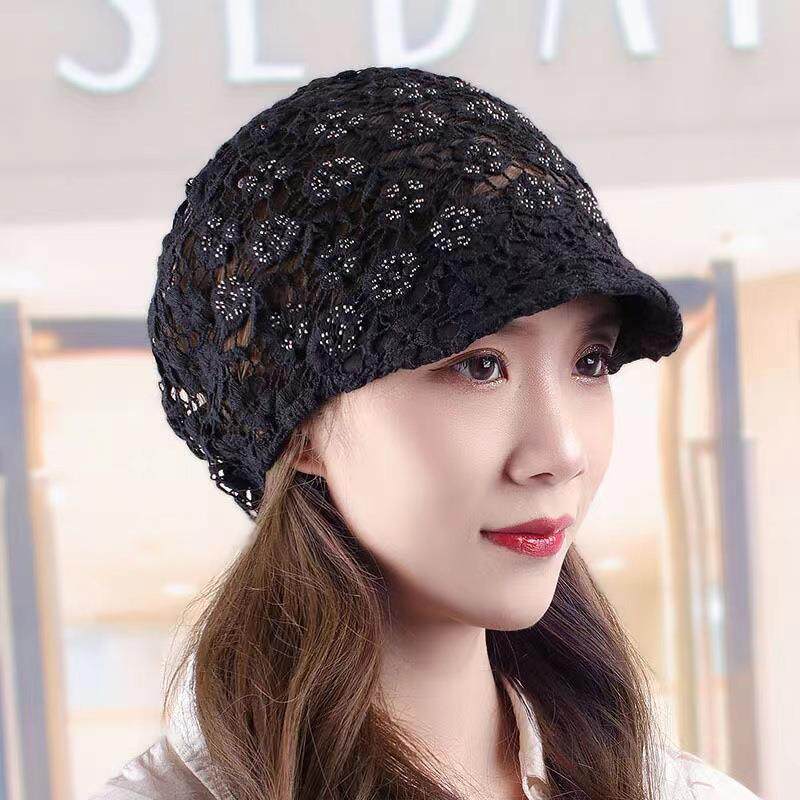 春夏上新镂空花水钻头巾帽小沿鸭舌帽网眼帽透气遮白发帽甜美帽子