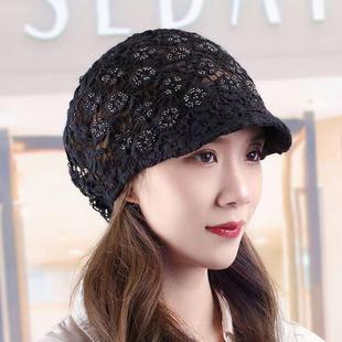 春夏上新镂空花水钻头巾帽小沿鸭舌帽网眼帽透气遮白发帽甜美帽子
