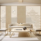 新中式 古典山水阁楼墙纸书房壁纸客厅现代沙发茶室背景墙墙布壁画