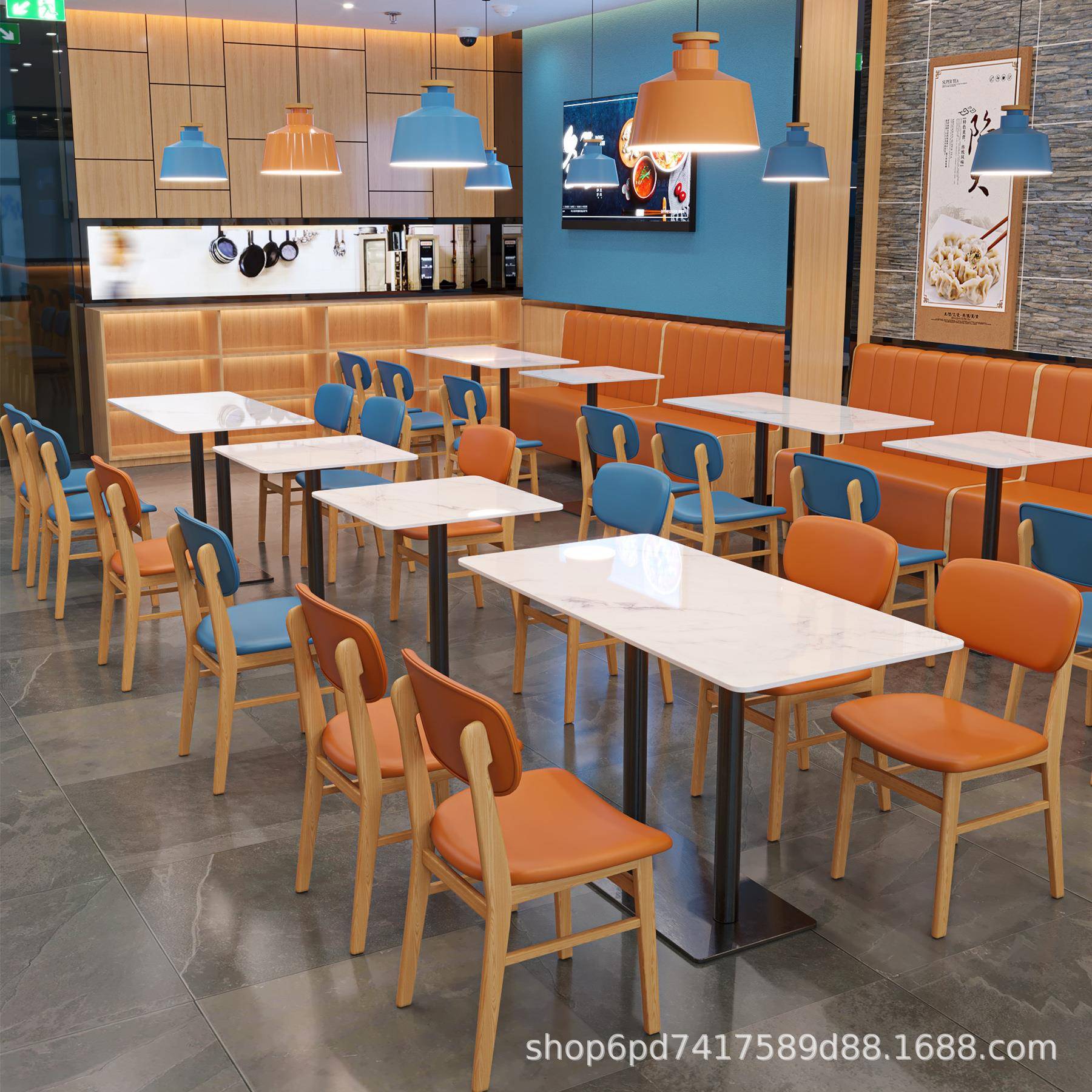 湘菜馆卡座沙发靠墙岩板餐桌奶茶店快餐厅冷饮实木椅子组合全实木