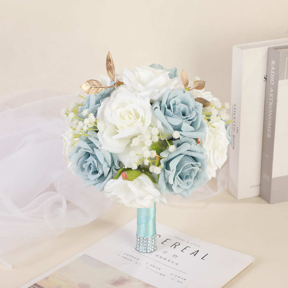 海洋主题婚礼新娘手捧花高级感白蓝色仿真玫瑰花束手捧花货源