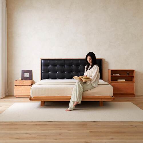 山念木作 莱克床 简约实木床覆古双人床黑色软包网红主卧大床1.8