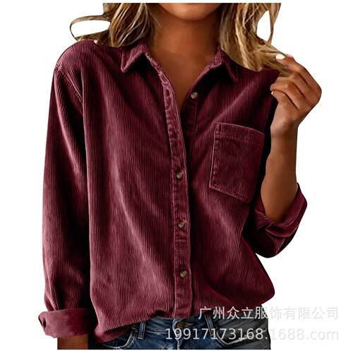 Striped collar long sleeved women's corduroy thick shirt
