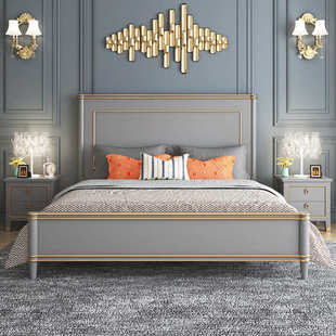 美式 轻奢1.8米主卧原木双人床灰色高箱储物婚床现代简约 床实木床