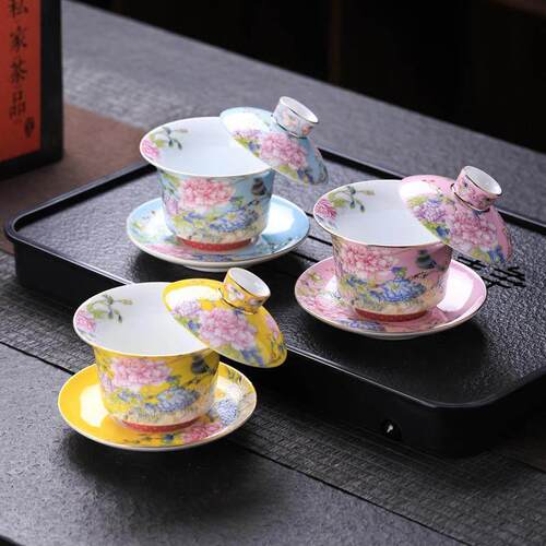 陶瓷珐瑯彩三才泡茶盖碗不烫手敬茶杯大号八宝茶碗带盖子悬停功夫