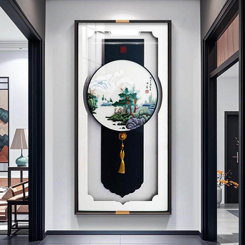 苏绣入户玄关装饰画新中式刺绣实物画走廊过道壁画客厅高档山水画