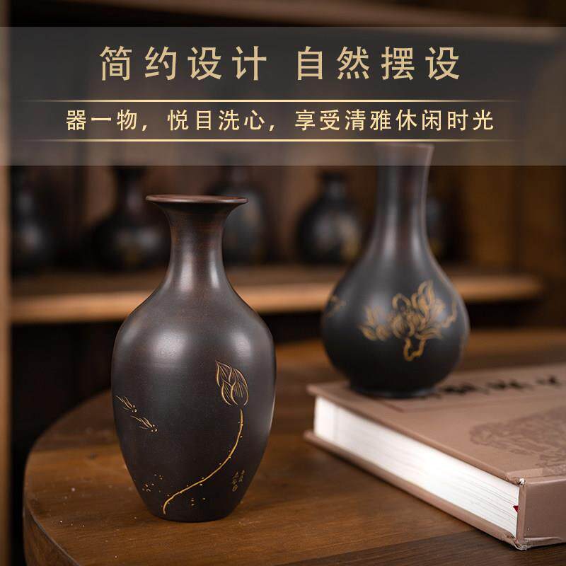 钦州坭兴陶茶宠桌面手工小摆件装饰花器复古花瓶陶瓷插花水培容器