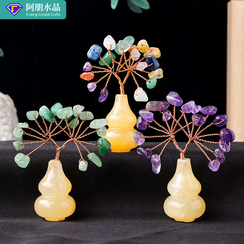 天然水晶碎石黄玉葫芦发财树家居客厅玄关办公招财水晶树摆件批发