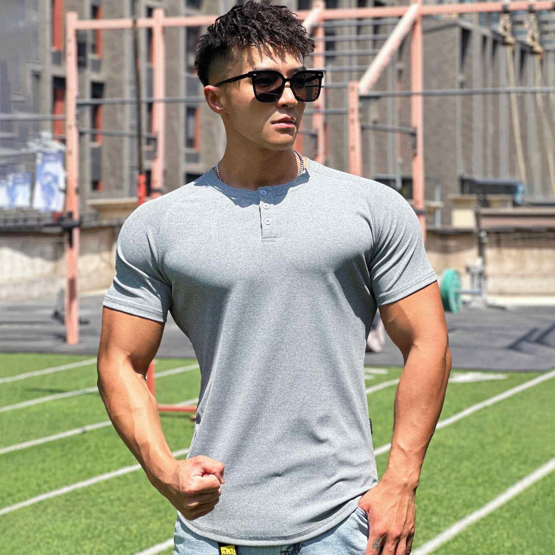 T-Shirt Stretch Striped Solid Training Mens Shirt Henley