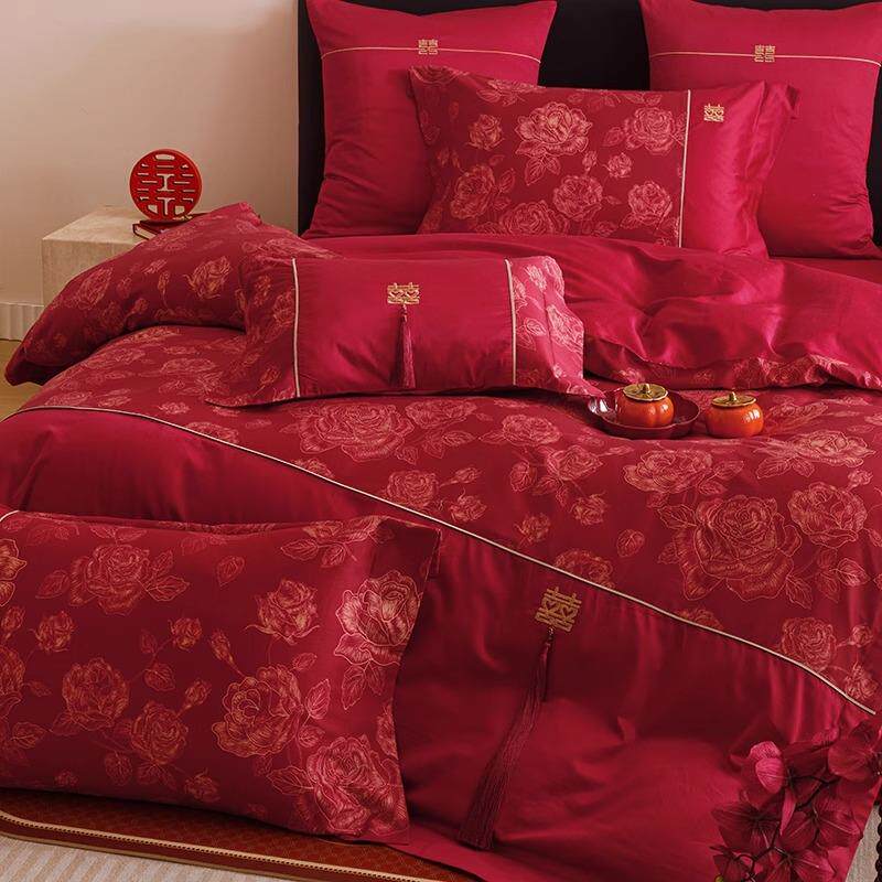 高端新中式结婚庆100s长绒棉被套全棉四件套刺绣红色婚嫁床上用品