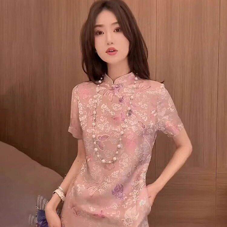 欧洲站新中式国风女装粉色盘扣提花改良旗袍连衣裙子2025新款夏季