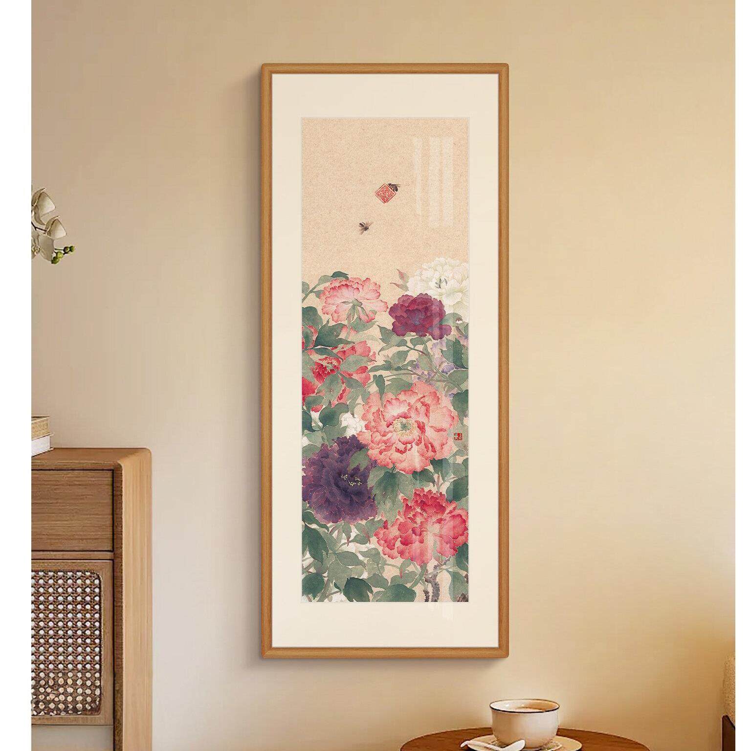 新中式花卉装饰画客厅悬挂有框实木画框高端装饰品