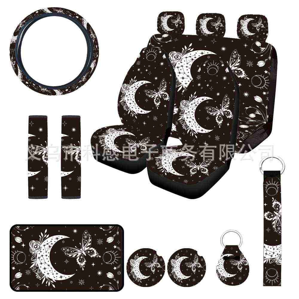 夜空月亮蝴蝶组合15件套印花汽车座椅套方向盘套扶手垫护肩