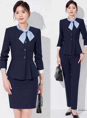 酒店工作服女长袖秋冬装前台收银员职业套装餐饮饭店服务员工装女