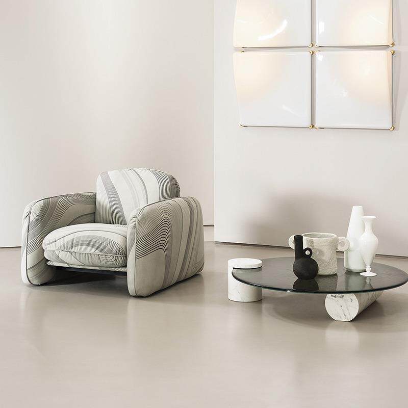 意式高级天然大理石圆形水波纹玻璃茶几客厅样板房设计师创意茶几