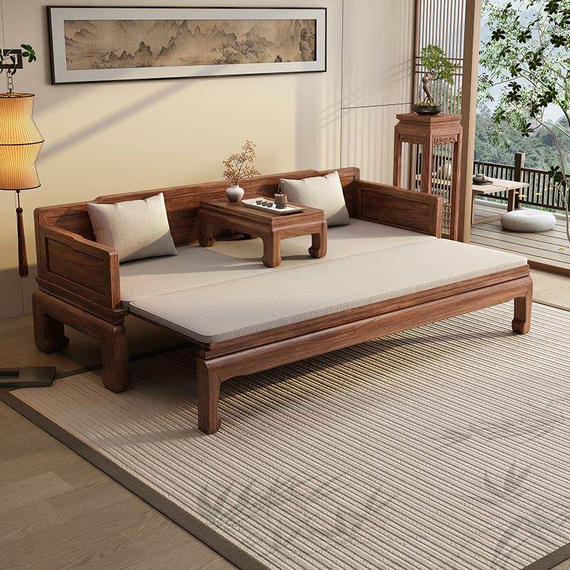 新中式胡桃木实木沙发床两用小户型多功能推拉伸缩罗汉客厅家俱