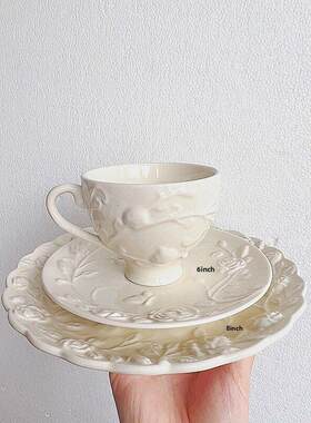 法式浪漫ins奶油色玫瑰陶瓷浮雕餐盘点心盘下午茶盘家用甜品盘子
