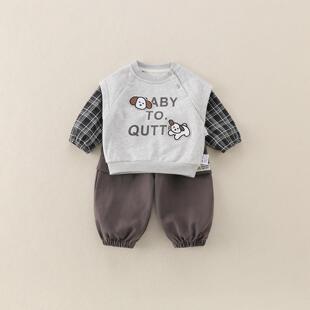 男宝宝春季休闲套装假两件长袖上衣裤子洋气外出服秋天可爱爬爬服