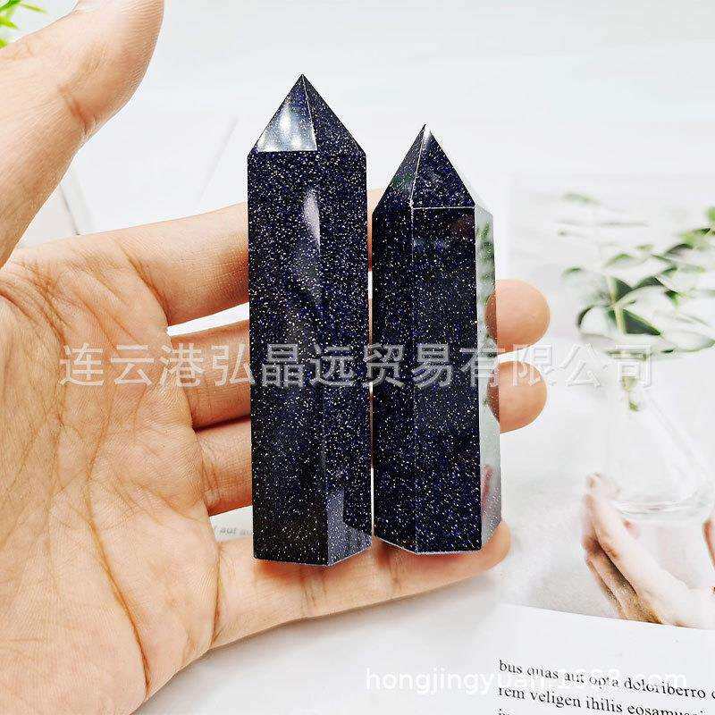 弘晶远水晶 天然蓝砂石六棱柱蓝沙石单尖柱金沙石水晶柱厂家