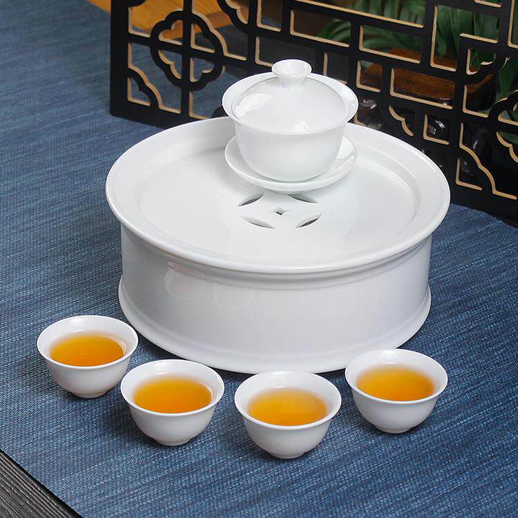潮州传统功夫茶具套组白瓷8寸直身圆形茶船茶盘小号盖碗茶杯家用