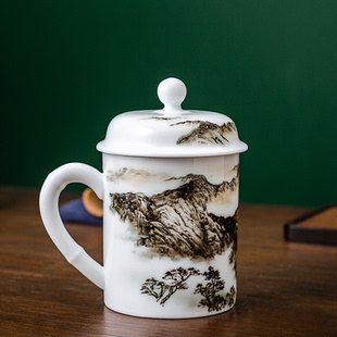重工山水带盖茶杯国家级刘培竹大师手绘主人杯办公家用高档泡茶杯