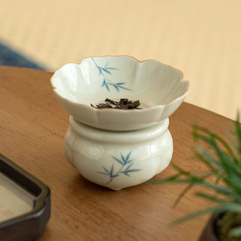 冰台手绘竹叶茶漏茶滤茶叶过滤网茶水分离茶隔陶瓷滤茶茶具全瓷