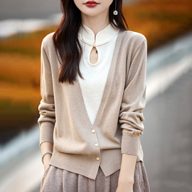 复古中国风假两件羊绒开衫女旗袍领盘扣套头毛衣宽松羊毛针织外套